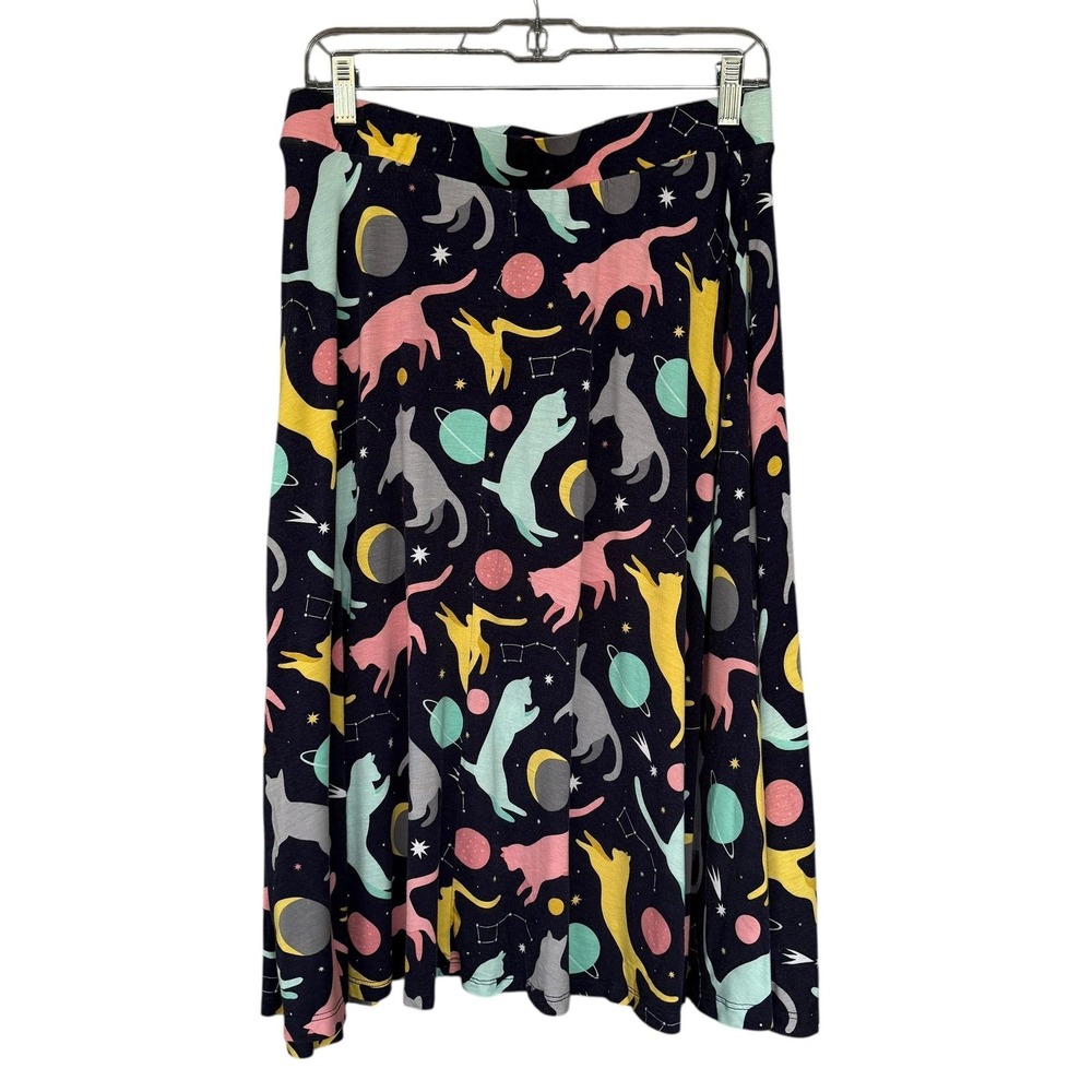 ModCloth Skirt Womens Small Multicolor Cat Space A Line Midi Stretch Pull On - Picture 2 of 9